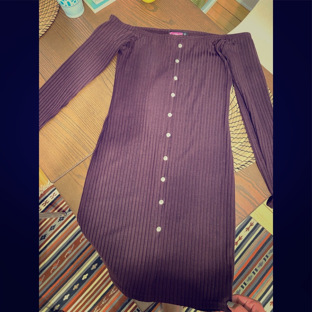Off the shoulder, long sleeve dress.
